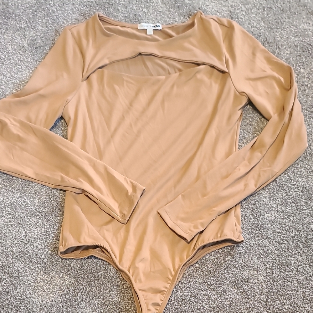 Fashion Nova Tan Cut Out Long Sleeve Bodysuit